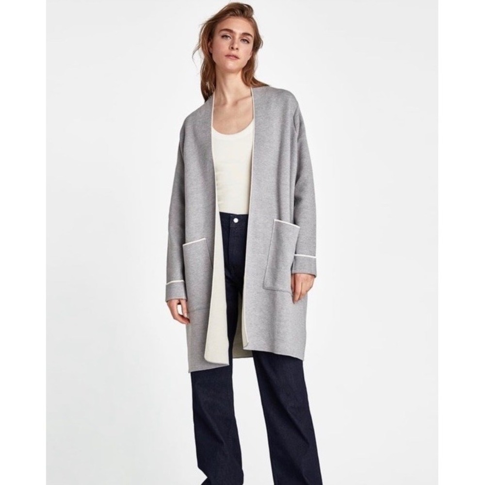 Zara Knit Long Cardigan Size Small Charcoal Gray With Piping Pockets Comfortable